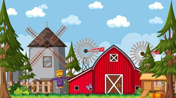 Scène de ferme vide avec grange rouge et illustration de moulin à vent - Vecteur, image