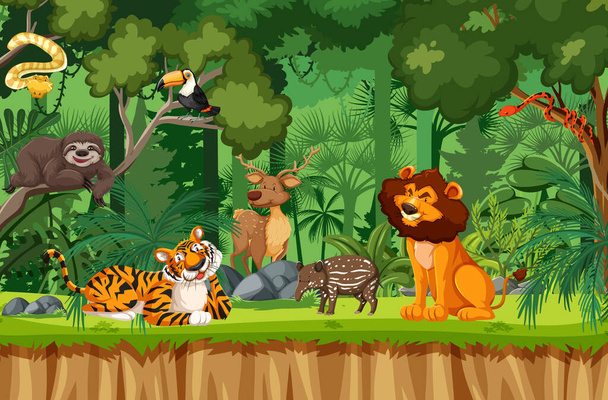 Wild dier cartoon karakter in het bos scène illustratie - Vector, afbeelding
