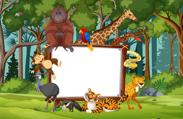 Leeres Banner in der Regenwaldszene mit wilden Tieren - Vektor, Bild