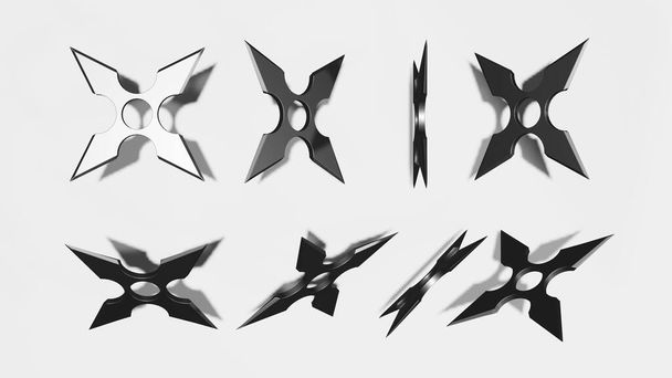 3D-Darstellung von Shuriken-Ninja-Sternen für Web und Druckvorlage. Shuriken (Wurfstern), traditionelle japanische Ninja-Kaltwaffe, die in verschiedenen Perspektiven auf weißem Hintergrund fliegt - Foto, Bild