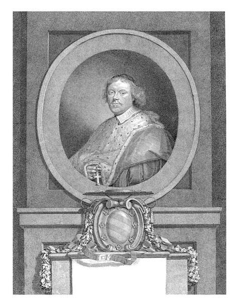 Portrait of Johan Ferdinand de Beughem, Bishop of Antwerp. Shown in an oval frame, with a cross in his hand. Below the frame a console with a bishop's coat of arms and five lines of Latin text. - Foto, imagen