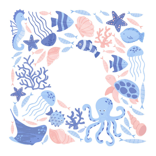 морские существа, устроенные с балнковым пространством для текста. дизайн открытки или плаката с морскими и океанскими животными - Вектор,изображение