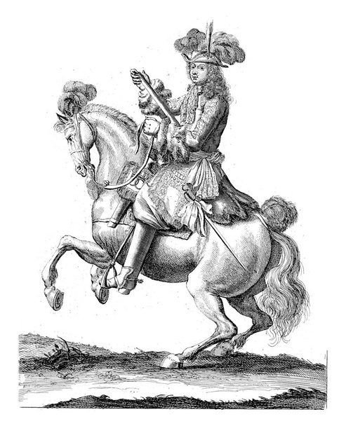 Portrait of Charles XI, King of Sweden, on horseback with a command staff in his hand. At the bottom in the margin are name and function in Latin. - Foto, immagini