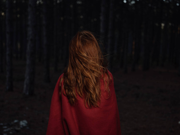 A woman travels in the forest at night with a red plaid on her shoulders, back view - Photo, image