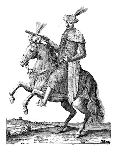 Porträt des ungarischen Staatsmannes imre thokoly zu Pferd mit dem Kommandostab in der Hand. unten am Rand sind Name und Position in holländisch. - Foto, Bild