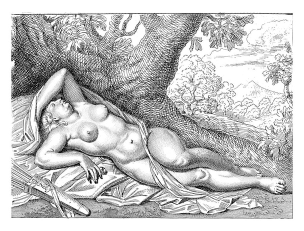 Die nackte Diana schläft unter einem Baum. Neben ihr liegt ihr Köcher. - Foto, Bild