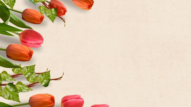 Červené tulipány na šedém pozadí. Pozdrav. Kompozice je zdobena kyticí červených tulipánů, zelenými prameny vegetace. Pro texty, valentinky a zprávy. - Fotografie, Obrázek