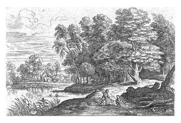 Landschaft mit einem Fluss. am Ufer zwei Jungen mit Stab, Hund und einigen Schafen. - Foto, Bild