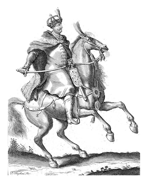 Portrait of Jan III Sobieski, King of Poland, on horseback with a sword in his hand. At the bottom in the margin are name and function in Latin. - 写真・画像