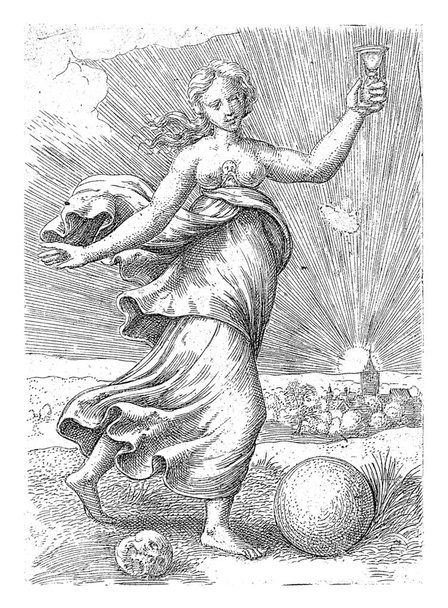 The personification of the virtue Temperance walks in a landscape with an hourglass in her hand. A globe and a skull lie at her feet. In the background a city and the setting sun. - Photo, Image