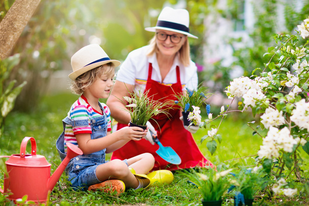 Nő és gyerek kertészkedés. Nagymama és kisfiú napszemüvegben kerti növényeket és virágokat locsolnak. A gyerekek gyönyörű napfényes kertben dolgoznak. Családi szabadtéri hobbi és egészséges tevékenység.  - Fotó, kép