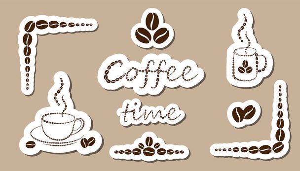 Set of stickers "Coffee time". Large and small cups of coffee, coffee beans. Suitable for decorating a coffee shop. Vector illustration - Wektor, obraz