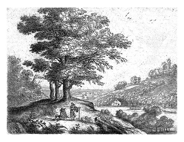 aus einer Serie von zwölf. Landschaft mit einem Fluss und einem stehenden und sitzenden Hirten auf einem kleinen Hügel mit drei Bäumen. - Foto, Bild