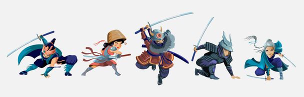 Collection with ninja, samurai,japanese girl and old woman warriors characters.Cartoon ninja samurai warriors with sword characters set. Isolated vector illustration - Vektör, Görsel