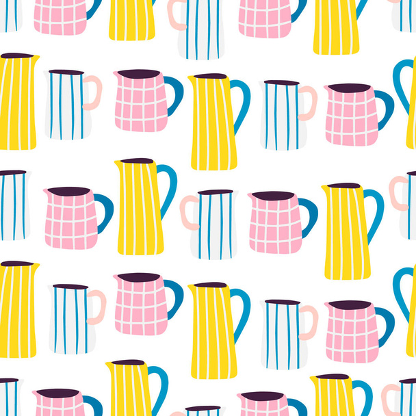 Tea time kitchenware bright  vector seamless pattern. Hand-drawn milk jug with different design - Vecteur, image