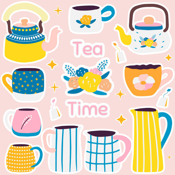 Tea time kitchenware bright set of vector elements. Hand-drawn teapots and cups with different design - Vector, imagen