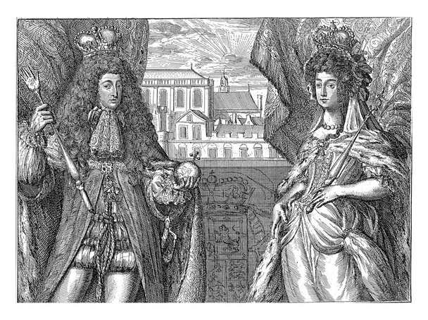 портреты короля Уильяма III и королевы Марии II Стюарт, стоящие с коронами, знаками отличия и в полном регалии, перед балюстрадой. - Фото, изображение