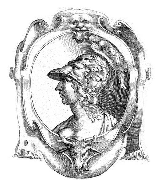 Büste einer jungen Frau zur Linken mit einem reich verzierten Helm auf dem Kopf, in einer Kartusche, die einen Hirschkopf von unten und ein Gesicht an der Spitze zeigt. - Foto, Bild