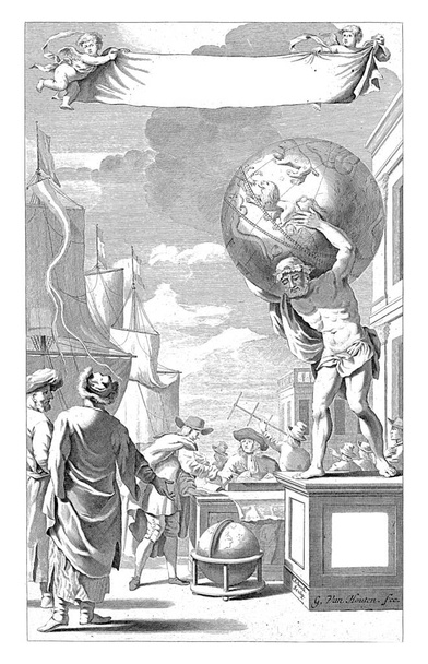Some merchants and sailors stand by a statue of Atlas carrying the heavenly sphere on his shoulders. - Φωτογραφία, εικόνα