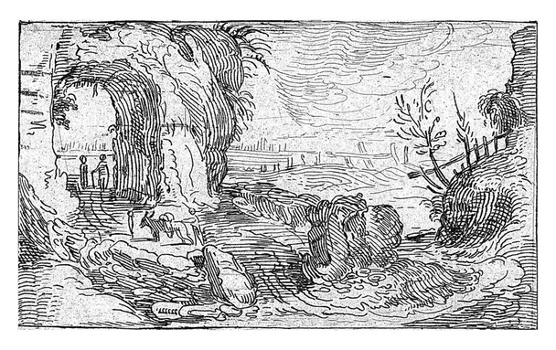 Rocky landscape with a path along a waterfall, anonymous, 1600 - 1699 - Foto, afbeelding