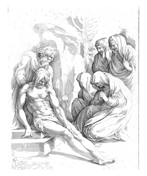 Christ is placed in the rock tomb by Joseph of Arimathea. On the right a group of mourning women including Mary and Maria Magdelena. (Matthew 27: 57-61). The print has two Latin captions. - Foto, imagen