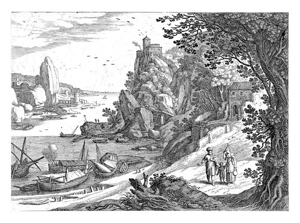 In an Italian landscape, Abraham stands next to Hagar and Ishmael. Hagar has a pitcher in one hand and is holding a cloth to her face with the other. In the background a bay with a rocky coast. - Photo, Image
