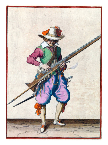A soldier, full-length, to the right, holding a musket (a type of firearm) with his left hand. With his right hand he presses a burning fuse on the cock - Φωτογραφία, εικόνα
