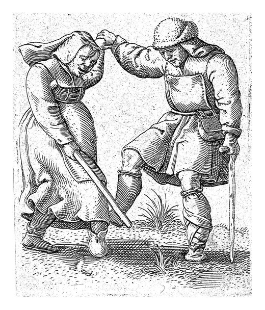 A woman and a man dressed as farmers dance and hold hands. The woman is holding a stick in the other hand and the man is leaning on a crutch. - Photo, image