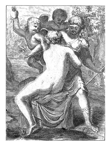 Callisto, one of Diana's nymphs, is seduced by Jupiter. He disguised himself as Diana in order to get close to her. With them two putti, one of them holding a burning heart in his hand. - Foto, immagini