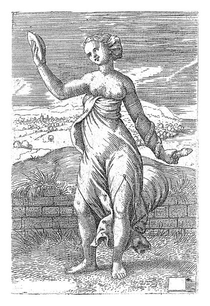 The personification of the virtue Caution with a mirror in one hand that she looks into and a snake in the other. In the background a landscape. - Φωτογραφία, εικόνα