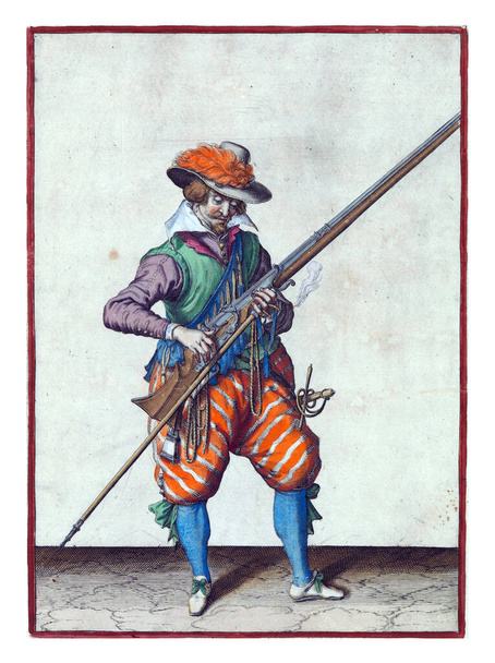 A soldier, full-length, to the right, holding a musket (a type of firearm) with his left hand by his right side. In his left hand, in addition to the musket, also a furket  and a burning fuse - Photo, image