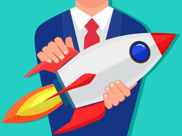 A businessman holding a rocket. Isolated on the background. Vector illustration - Vetor, Imagem