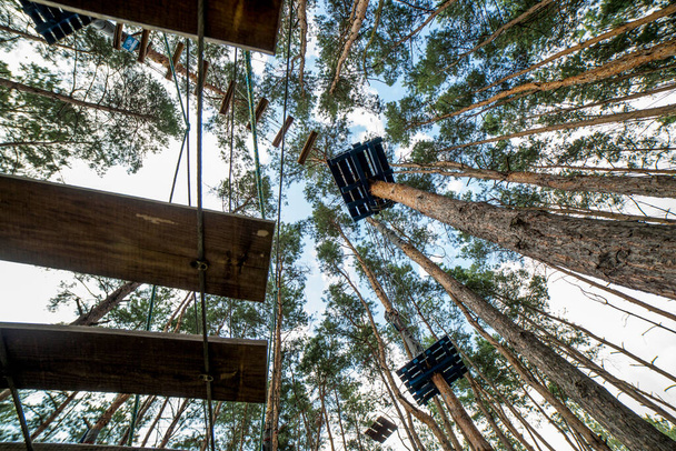 Curso de obstáculos, parque de cordas entre as árvores na floresta - Foto, Imagem