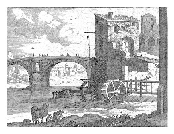 rechts eine Steinbrücke über einen Fluss und eine Wassermühle. Im Vordergrund steht eine Frau neben einem gepackten Esel. daneben eine Frau, die auf Knien Wäsche wäscht - Foto, Bild