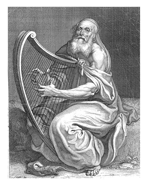 David plays the harp. At the bottom center, in the margin, the coat of arms of Louis Petit and a dedication to him in French. - Foto, imagen