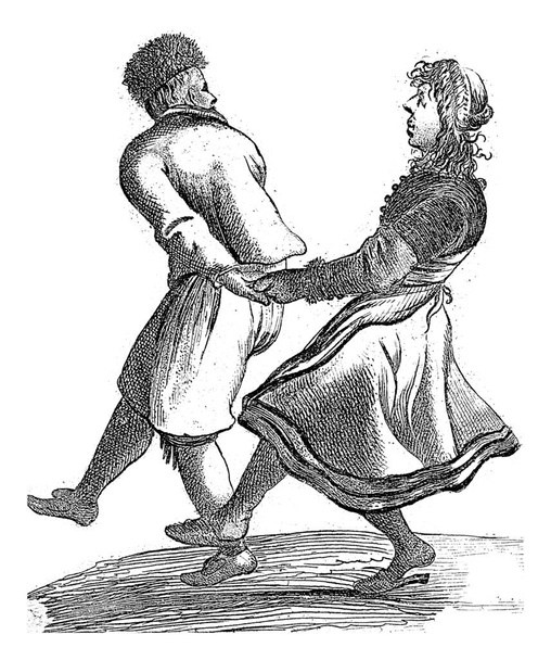 A fisherman with a fur cap on his head looks back at a young woman, which he carries to the left, dancing. - Photo, image