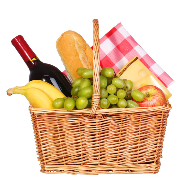 Picnic basket with food isolated on white - Fotografie, Obrázek