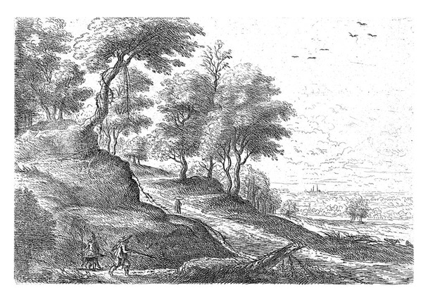 Landscape with two hunters and their dog. - Photo, image