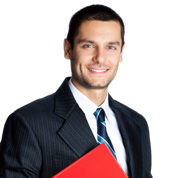 Businessman with red folder, on white - Zdjęcie, obraz
