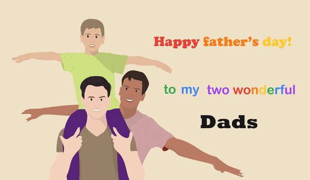 Padri moderni con figlio sulle spalle, coppia gay. Buona festa del papà per la comunità omosessuale. Famiglia interrazziale.  - Vettoriali, immagini