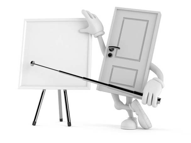 Caractère de porte avec tableau blanc vierge isolé sur fond blanc. Illustration 3d - Photo, image