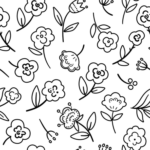 Siyah ve beyaz vektör, çiçeksiz desen. El çizimi basit moda çizimi çiçekler ve yapraklarla. Bitkilerle bohem arkaplan tekrarı. Boho dijital kağıt veya boyama bezi - Vektör, Görsel