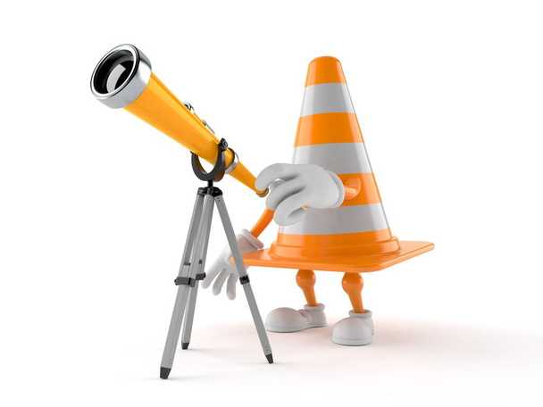 Персонаж дорожного конуса смотрит в телескоп. 3d иллюстрация - Фото, изображение