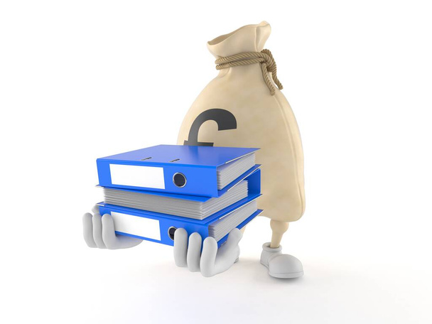 Pound Money Bag Charakter trägt Ringordner isoliert auf weißem Hintergrund. 3D-Illustration - Foto, Bild