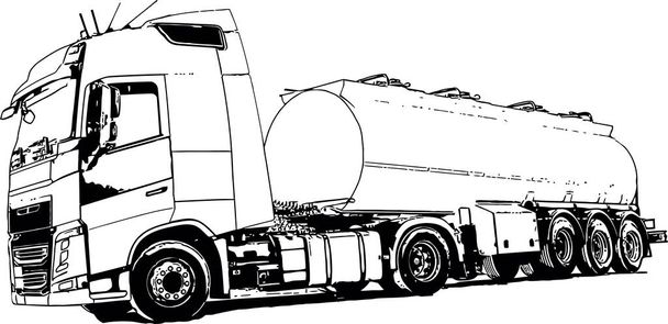 Vetor imagem preto e branco do caminhão industrial com reboque para o transporte de carga - Vetor, Imagem