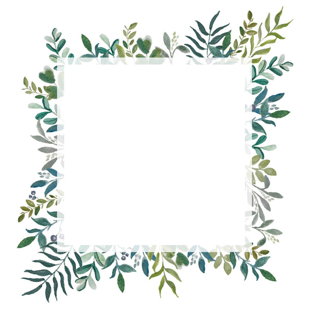 A template of a postcard with a watercolor green leaves on the branches. Wedding invitation template. Square arrangement. Greenery - Fotografie, Obrázek