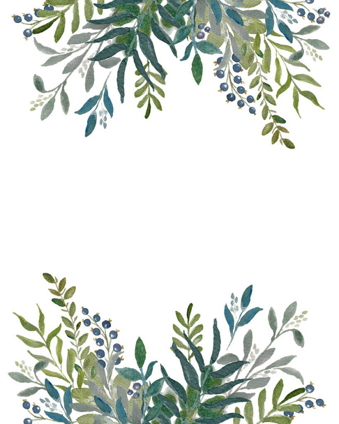 Eine Vorlage für eine Postkarte mit aquarellgrünen Blättern an den Zweigen. Vorlage für die Hochzeitseinladung. Quadratische Anordnung. Grünflächen - Foto, Bild