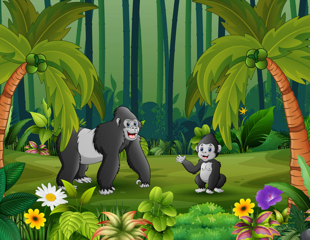 Rajzfilm egy gorilla vele kölyök az erdőben - Vektor, kép