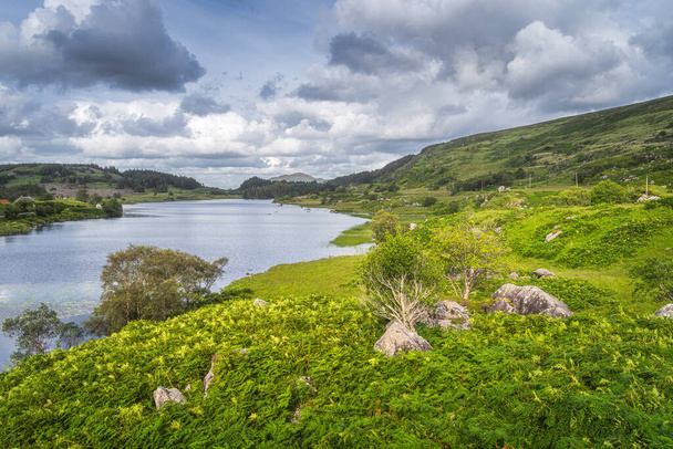 Lago, Looscaunagh Lough rodeado de colinas de Molls Gap - Foto, Imagen