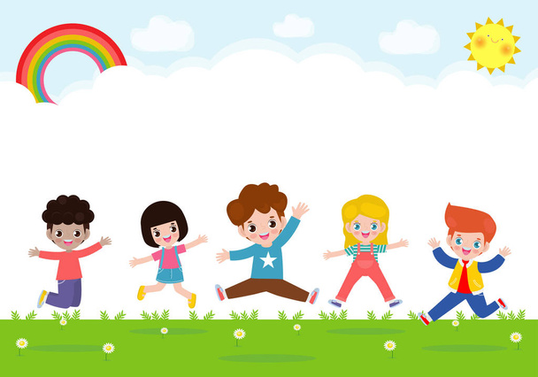 Щасливі діти стрибають і танцюють разом на парку, дитячі заходи, дитячі ігри на дитячому майданчику, шаблон для рекламної брошури, ваш текст, плоский смішний мультфільм ізольований Векторні ілюстрації
 - Вектор, зображення